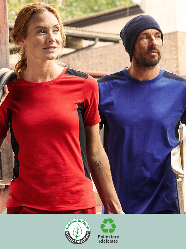 T-shirt da lavoro donna (rossa con dettagli neri) e uomo (blu con dettagli neri) (OCS e poliestere riciclato)