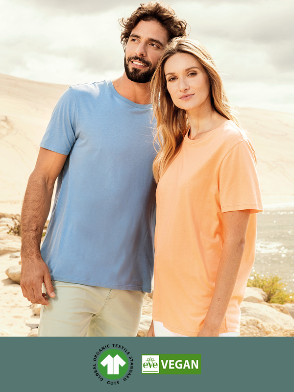T-shirt da lavoro uomo (azzurra) e donna (arancione) (GOTS, Oeko-Tex e Eve Vegan)